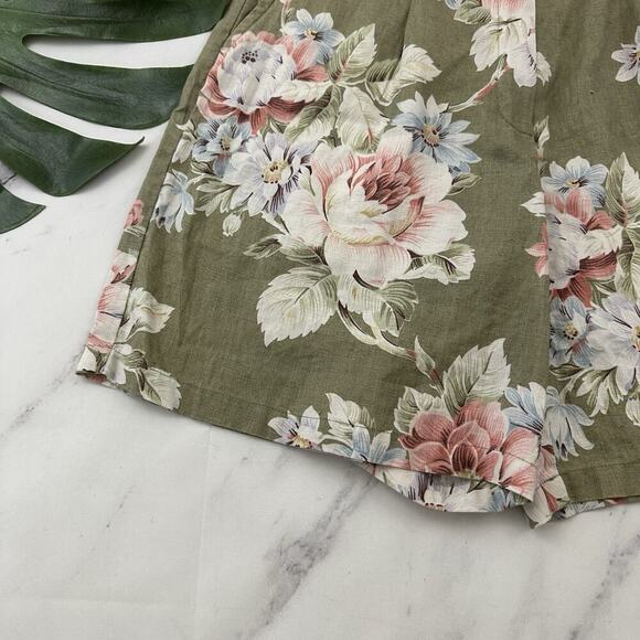 Evan Picone Womens Vintage 90s Linen Shorts Size 6 Green Pink Floral Pleated - Picture 4 of 9